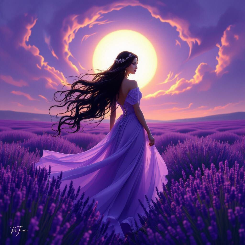 Elf Woman in Lavender Field Under Purple Sky