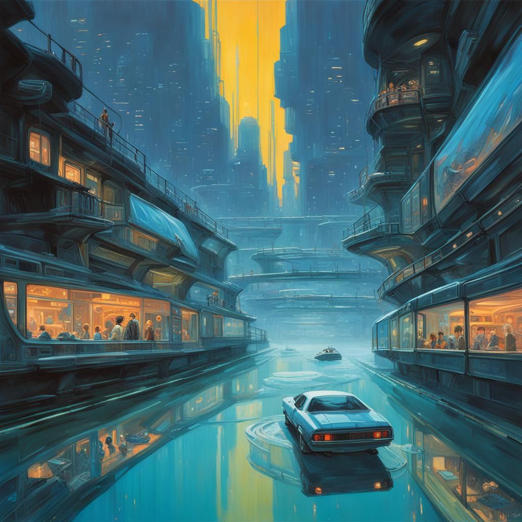 Underwater Cityscape with Bioluminescent Fish