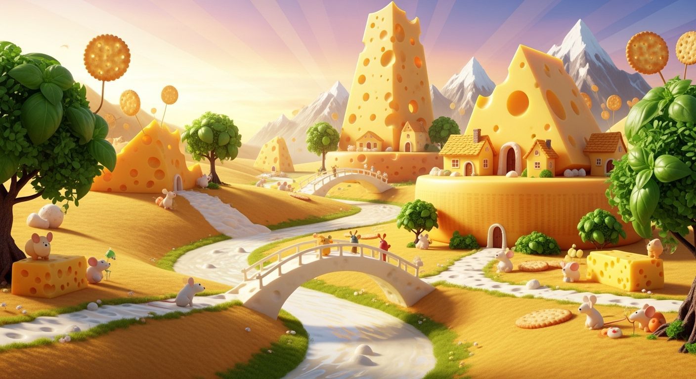 Whimsical Cheese Fantasy World with Mice and Creatures