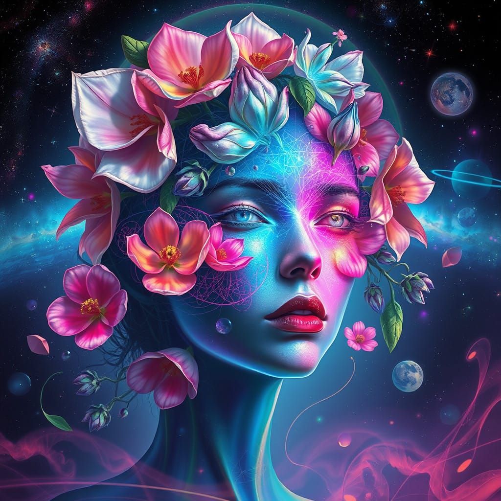 Surreal Cosmic Goddess Blooms in Vibrant, Dreamlike Splendor