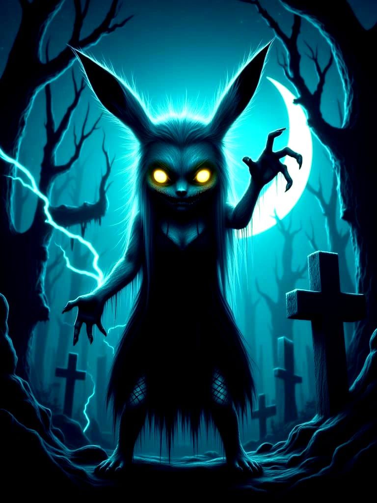Pikachu as Scary Girl in Graveyard, Digital Art