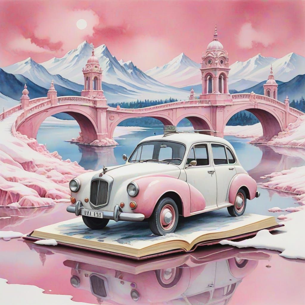 Pink Winter Landscape with Marble Car and Bridge