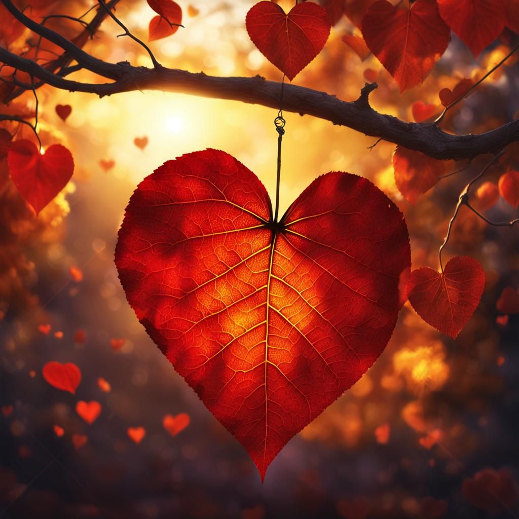 a heart shaped leaf hanging from a tree branch, golden rays, red atmosphere, centered in picture, beautiful avatar pictu...