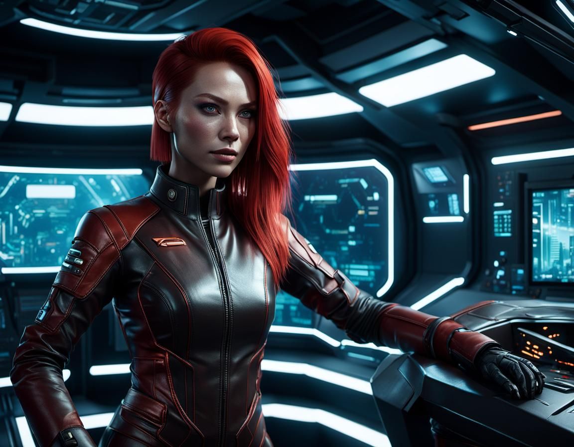 Young girl, tall, slim, sharp fine lines of the face, looks like Voynon Ryder, red straight hair, brownish-red leather c...