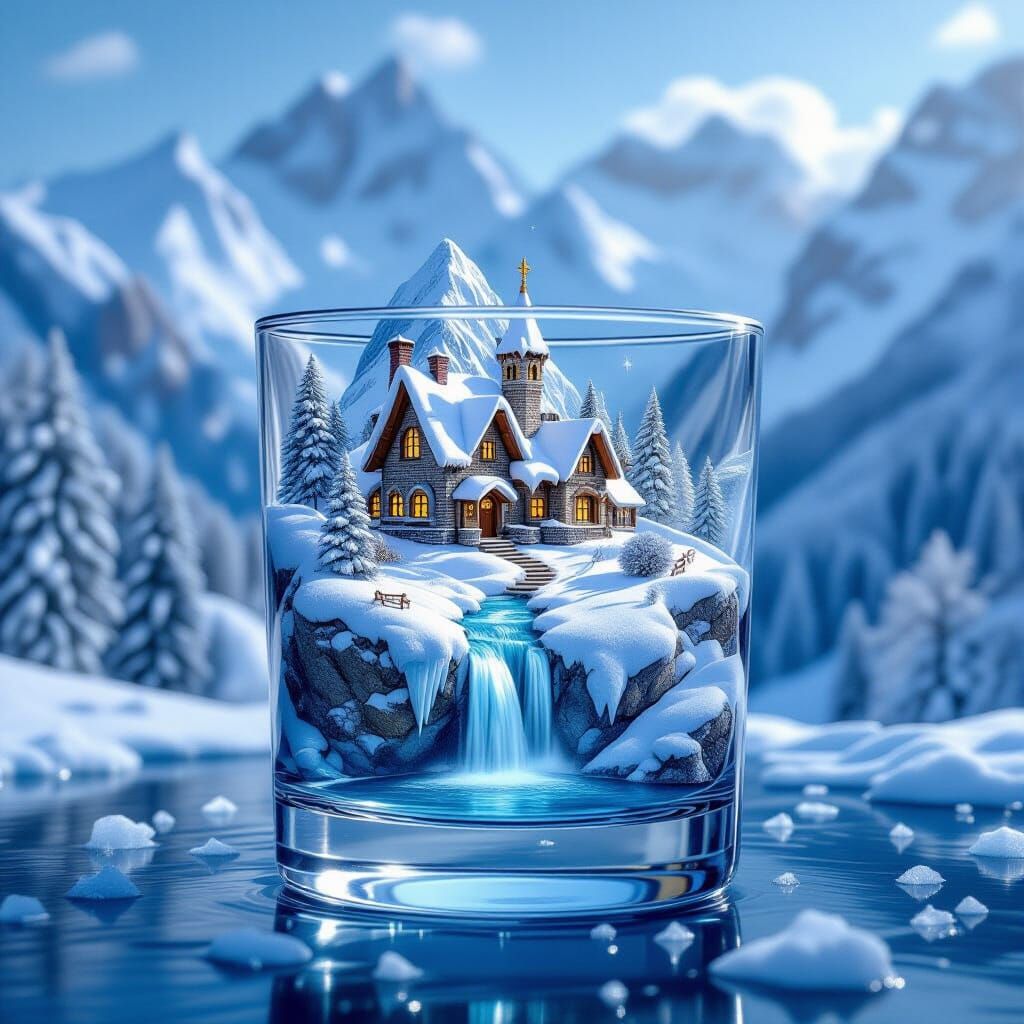 Magical Frozen Village in Ice Cube