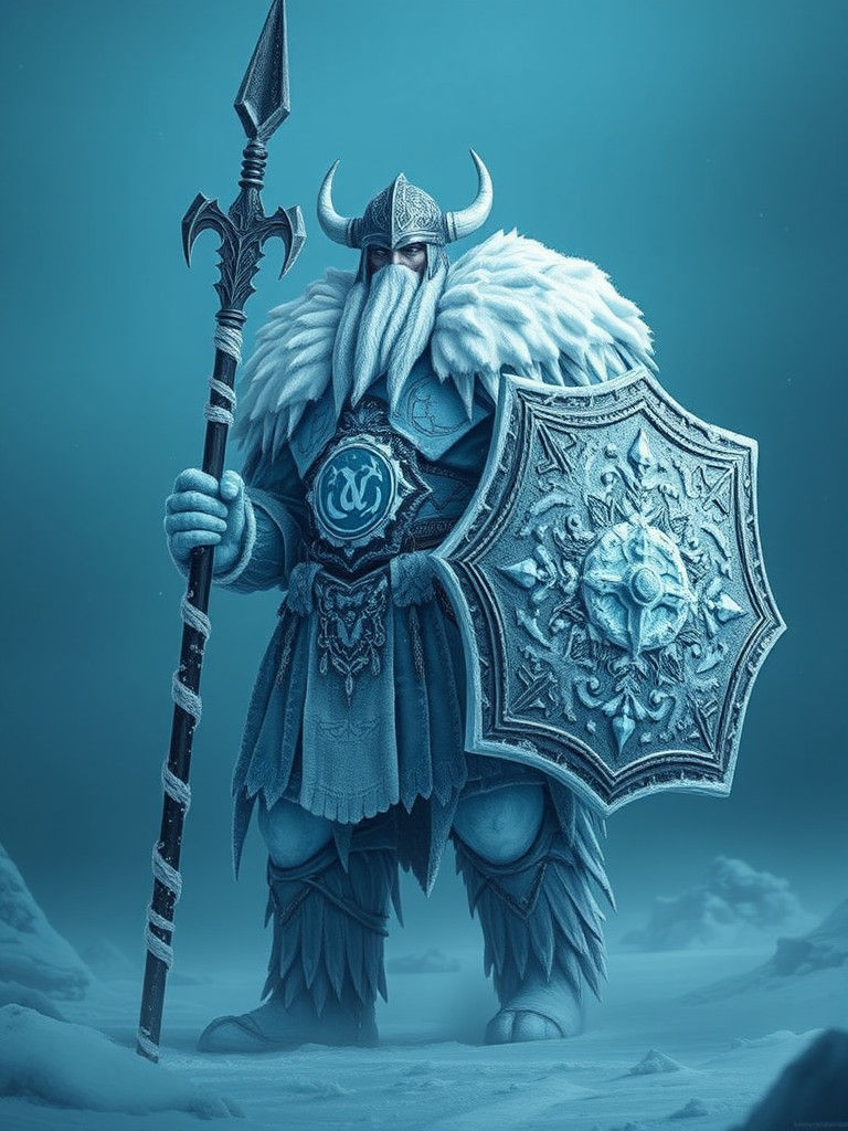 Ice Viking Warrior in Frozen Landscape, Hyperrealistic