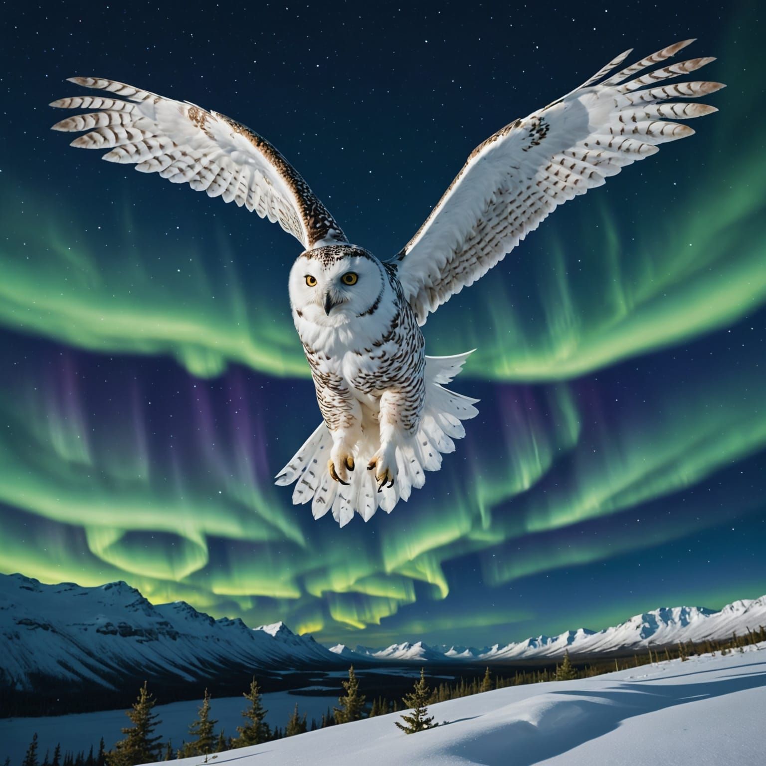 Snow Owl and Aurora Borealis Double Exposure