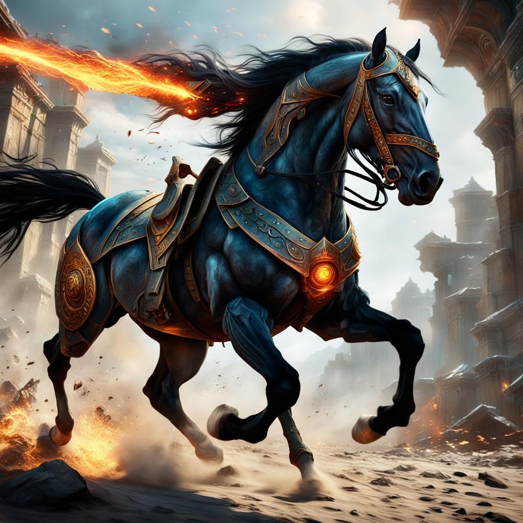 Armored Warhorse Leaping with Fiery Hooves