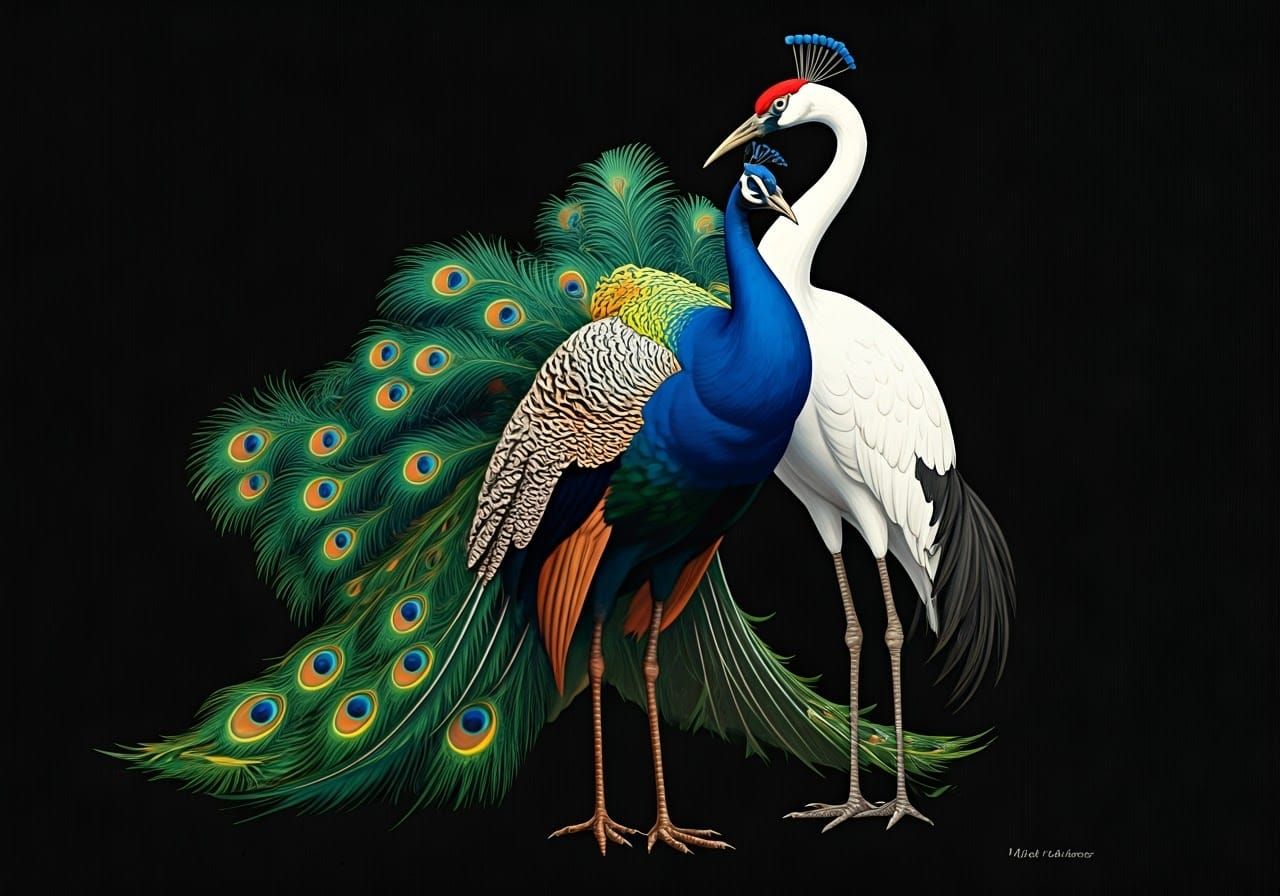 Striking Art Deco Illustration of Peacock and Crane Friends