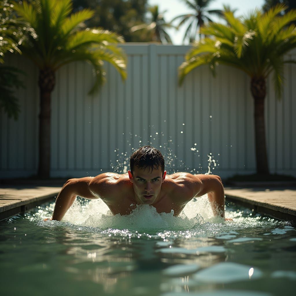 Swimmer in a Murky Pool, Palm Trees and Ferns Beyond the Fen...