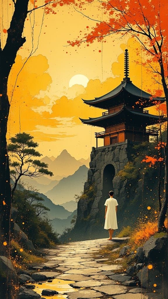 Muscular Man at Shinto Temple During Golden Hour