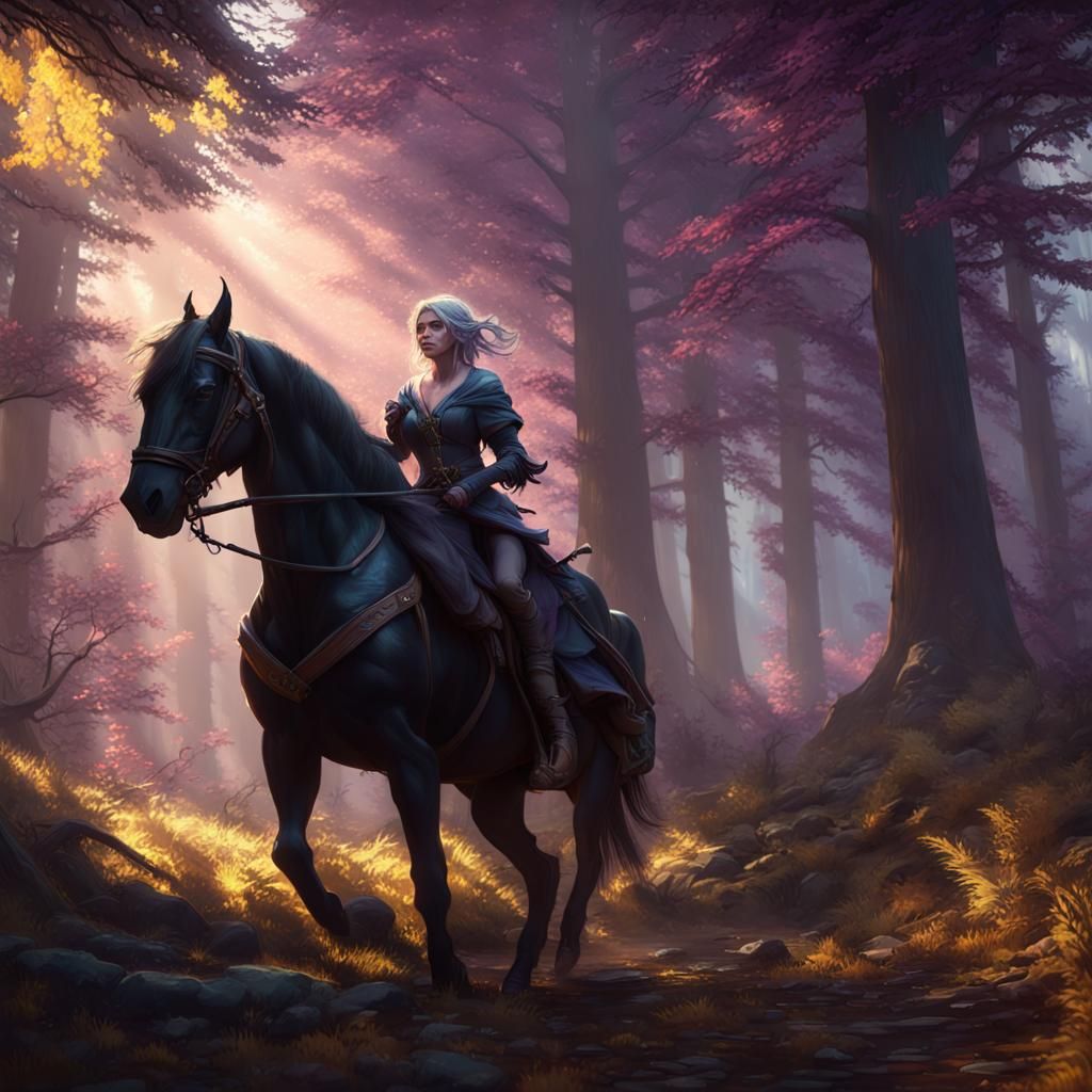 Witch Ciri on Horseback in Dark Fantasy Art