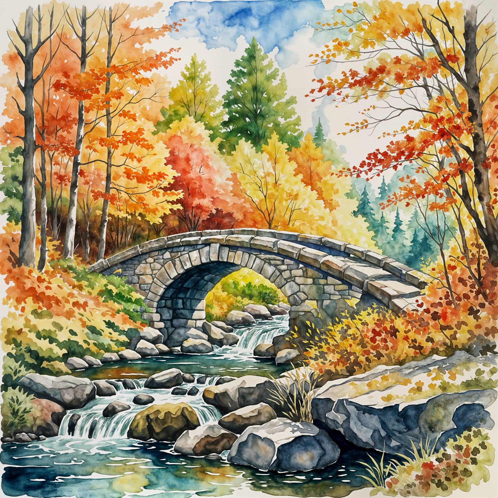 Autumn Forest Stone Bridge in Watercolor Painting