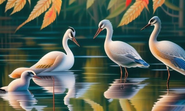 Elegant Black Swans in Dreamy Japanese Art Style