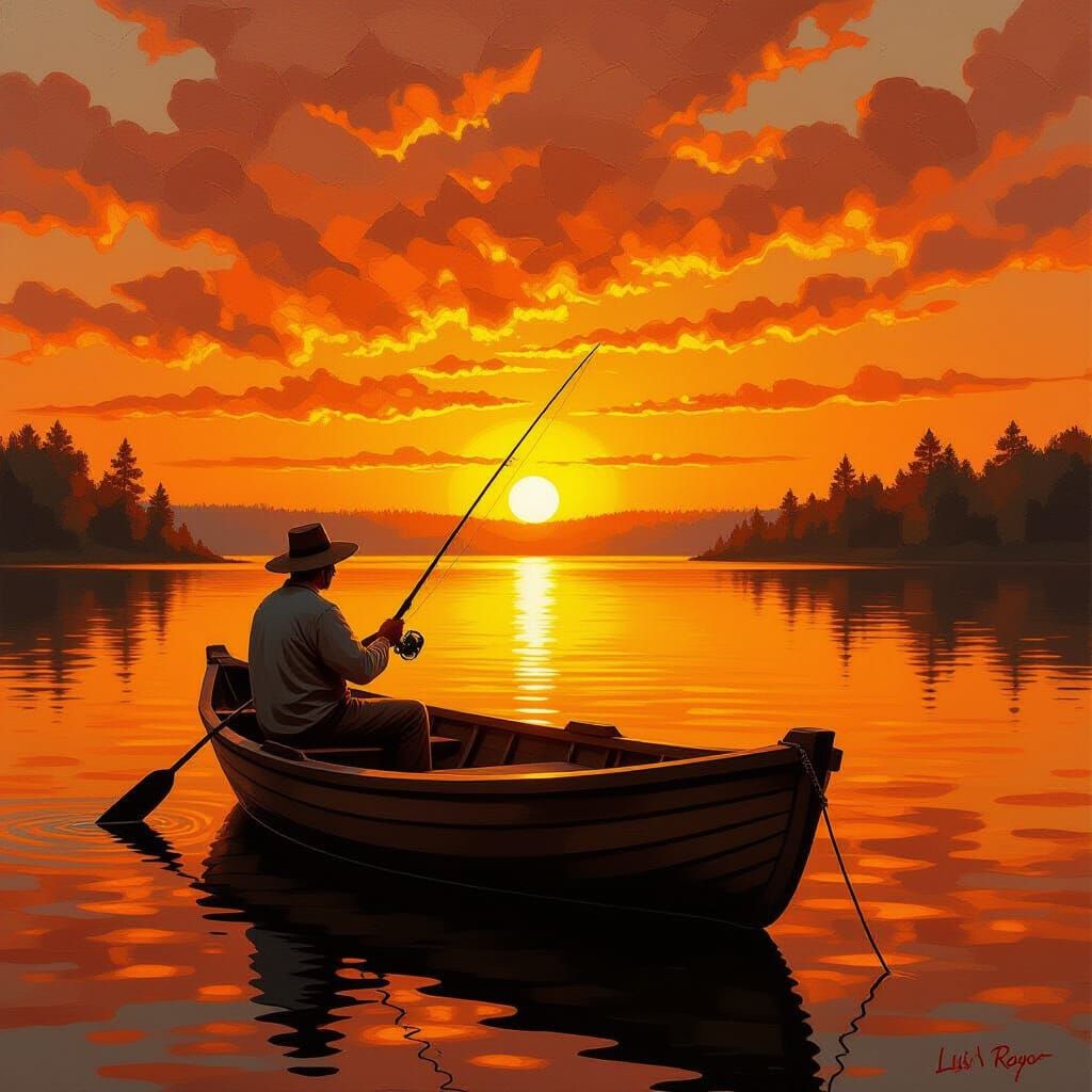 Serene Sunset Fishing Scene in Impasto Oil Style