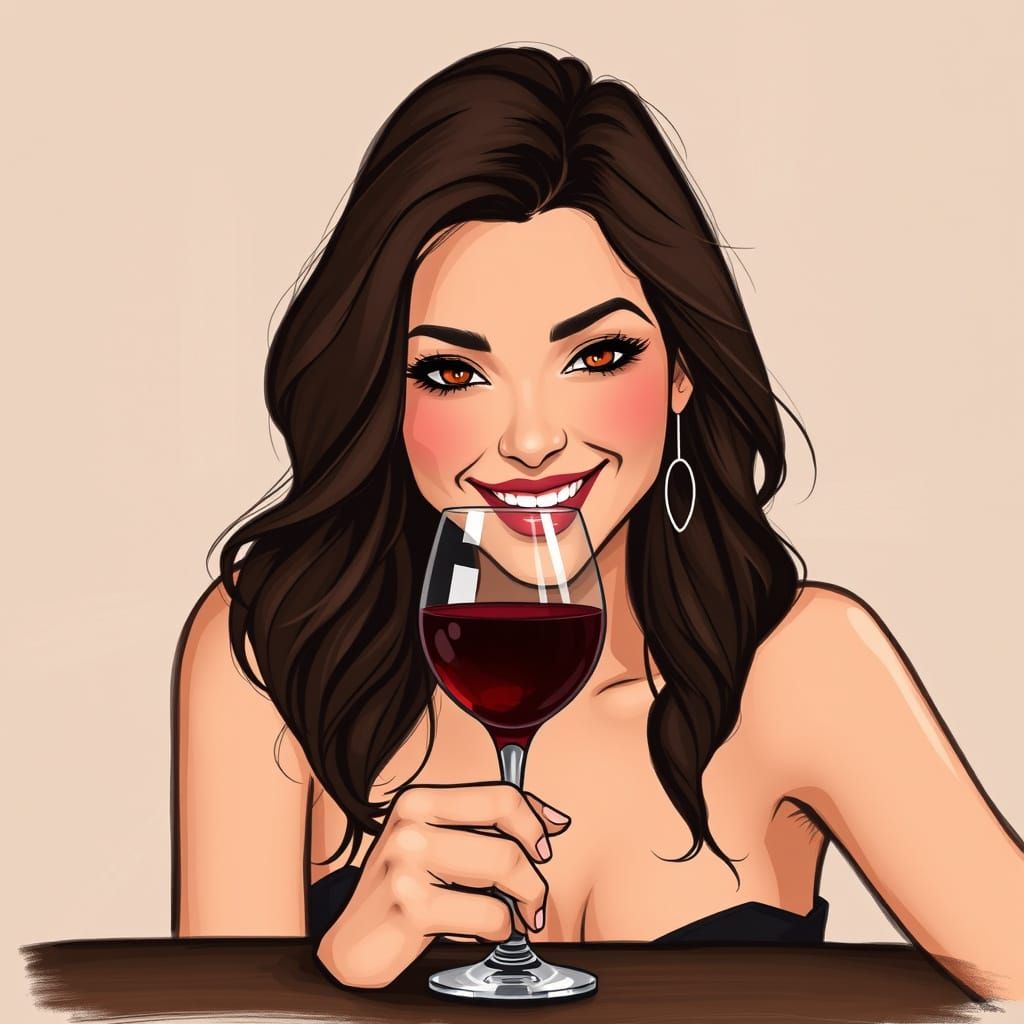 Beautiful Brunette Woman Sinks into Wine with Enigmatic Smil...