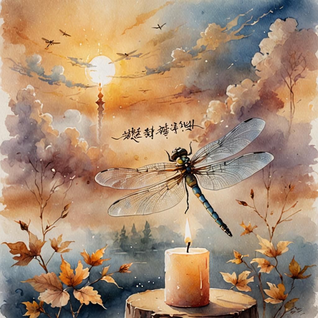 Dragonfly Over Calligraphy in Watercolor Autumn Landscape