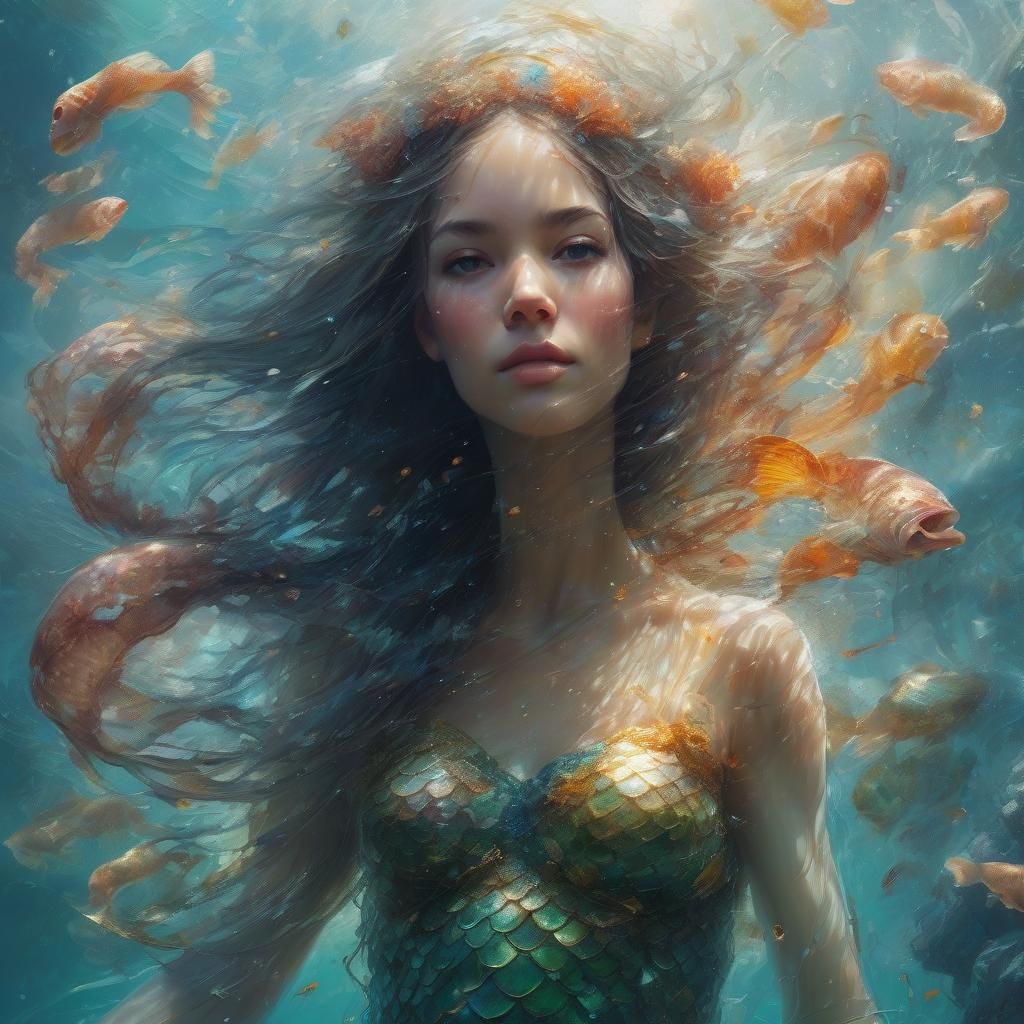 Mermaid Swimming with Jellyfish in Hypermaximalist Style