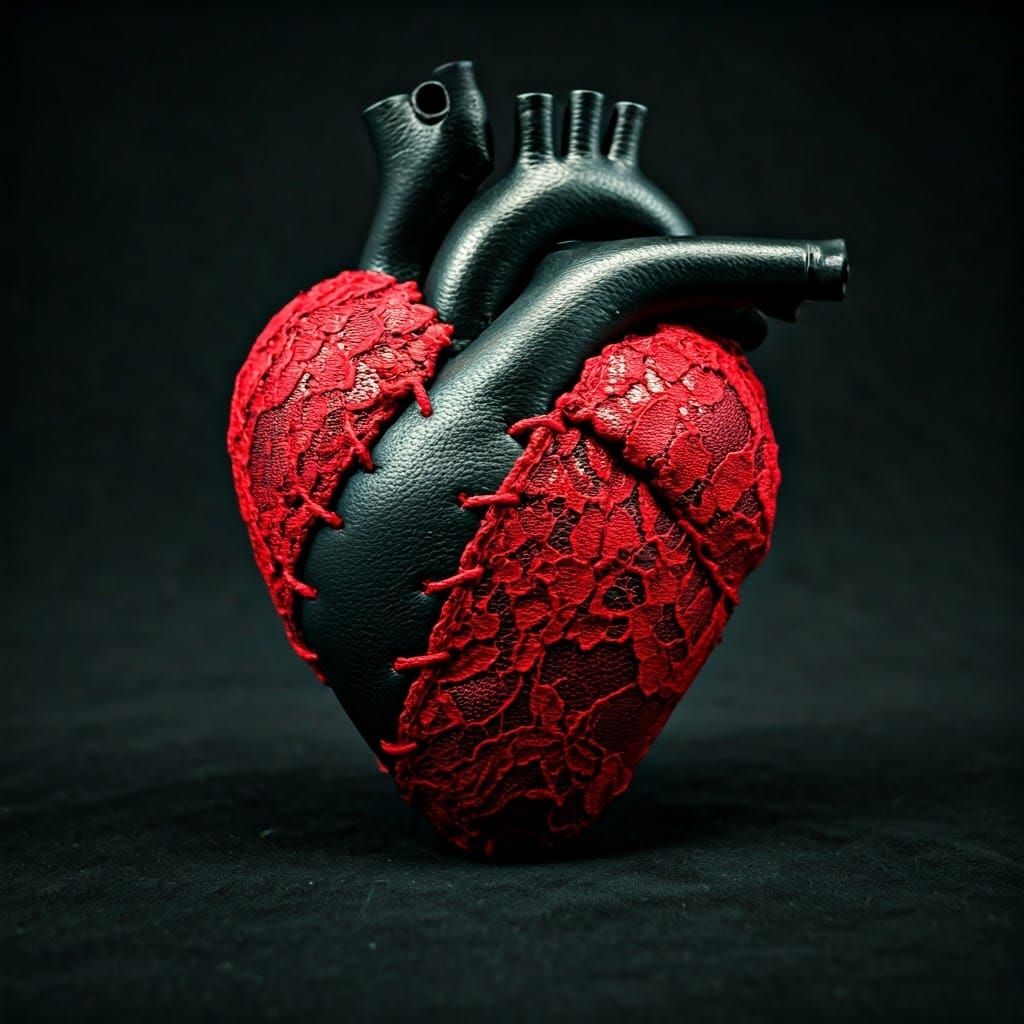 Gothic Heart Sculpture in Dark Leather and Lace