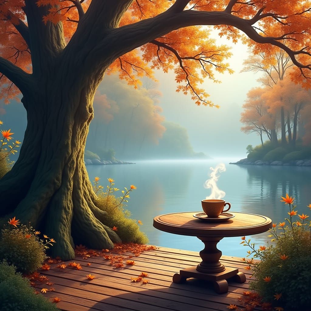 Autumn Terrace Overlooking Misty Lake: Digital Matte Paintin...