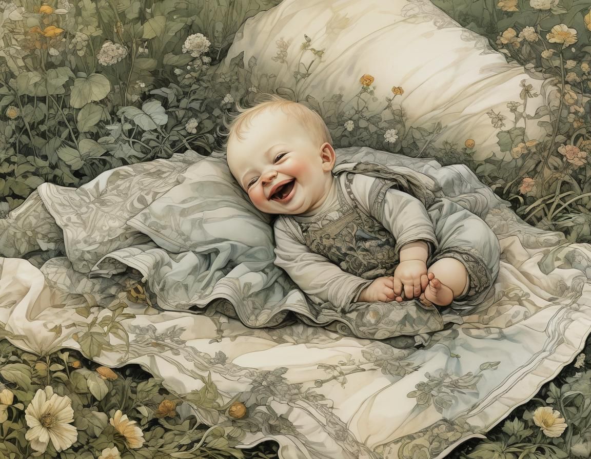 Cute Baby Laughing in Garden, Expressive Illustration