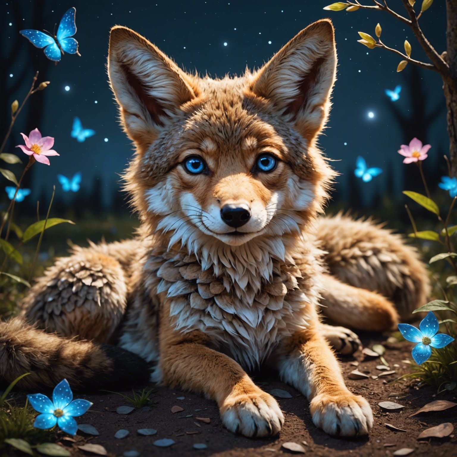 Adorable Coyote Hugging Plushie in Magical Night Scene