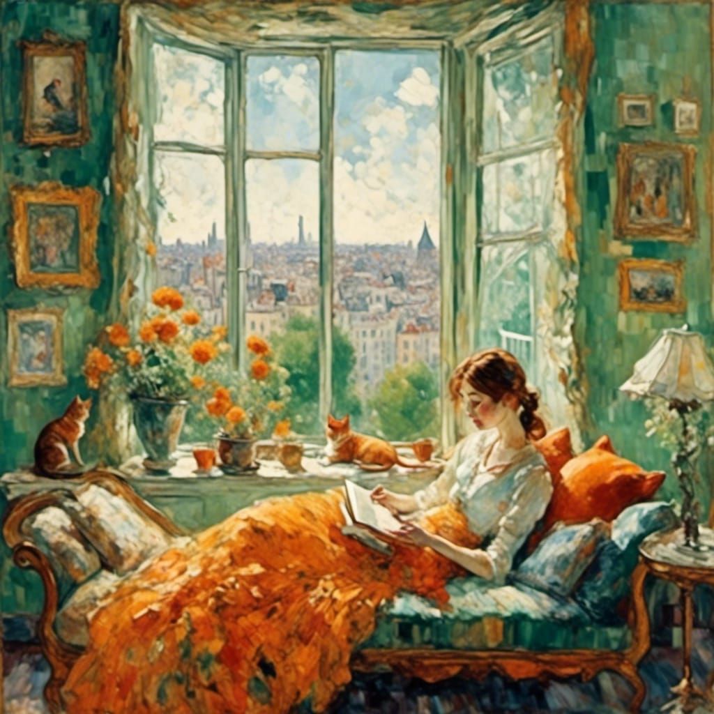 Woman and Cat in Sunny Apartment, Impressionistic Style