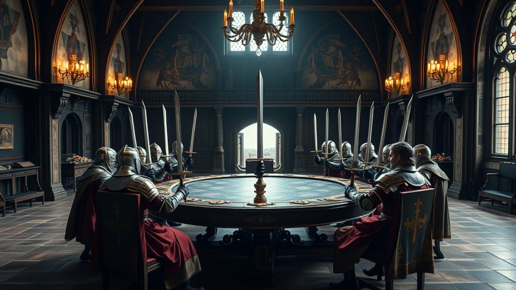 Epic Knights Gathered Around the Round Table in a Photoreali...
