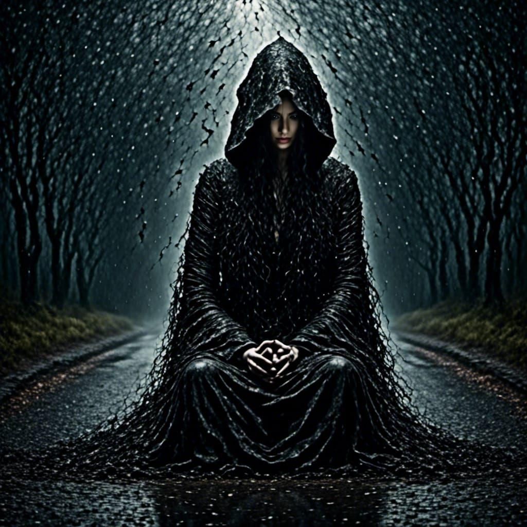 Anxious Woman in Rainstorm: Digital Art