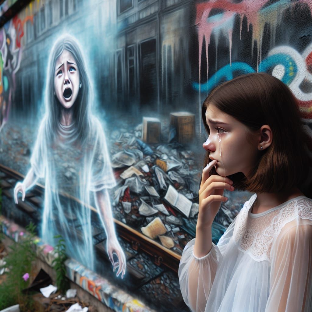 Ghostly Girl Contemplates Graffiti Portrait of Her Demise