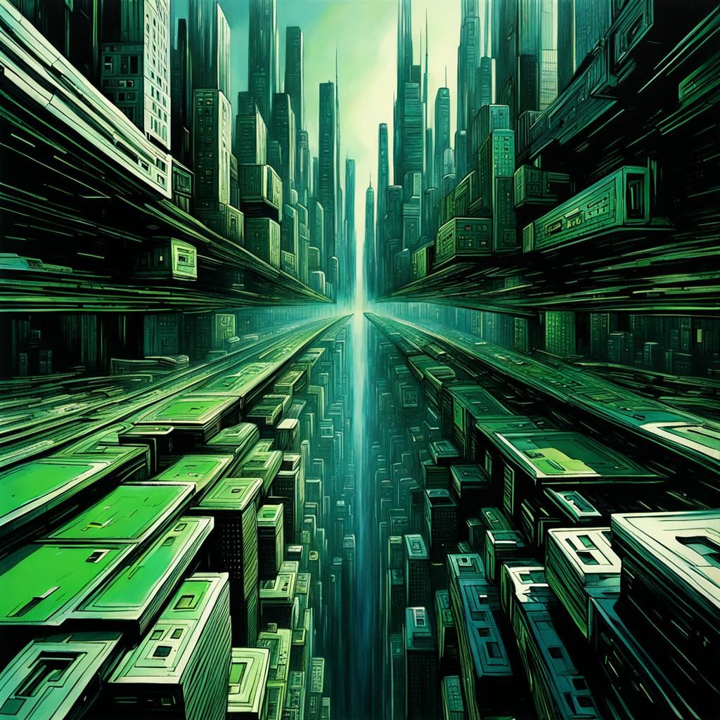 Neo Flying Over City: Abstract Digital Art