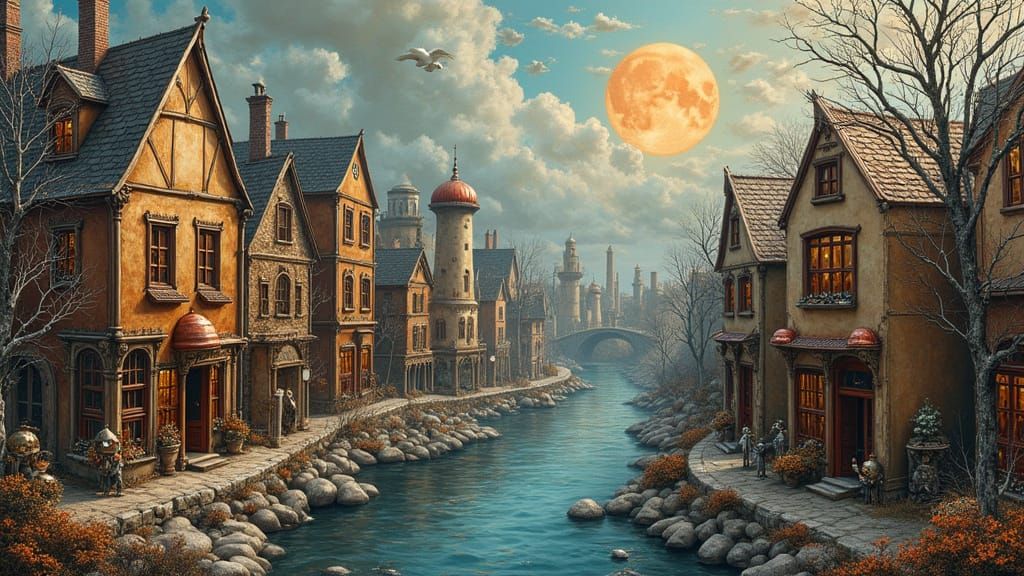 Steampunk Impressionist Metropolis with Mechanical Dolls and...