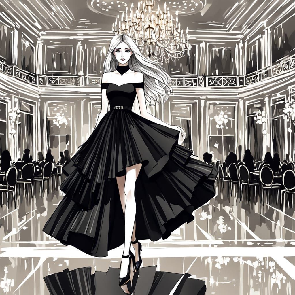 Elegant Woman in Little Black Dress, Fashion Sketch