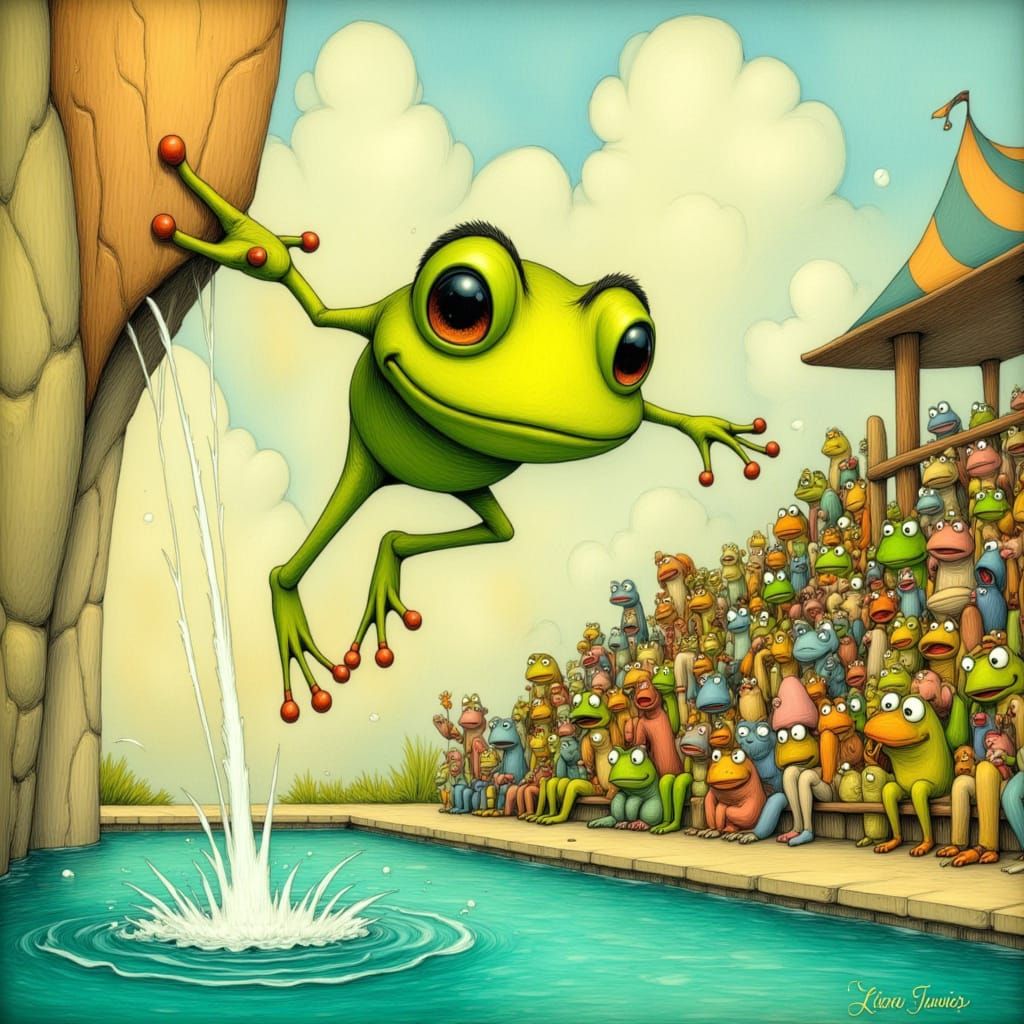 Lily the Frog's Olympic Dive in Watercolor Style