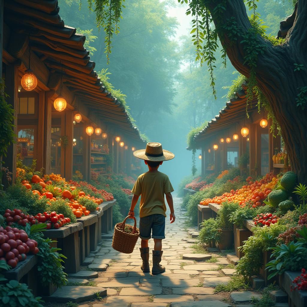 Boy Walks to Surreal Market as Digital Art
