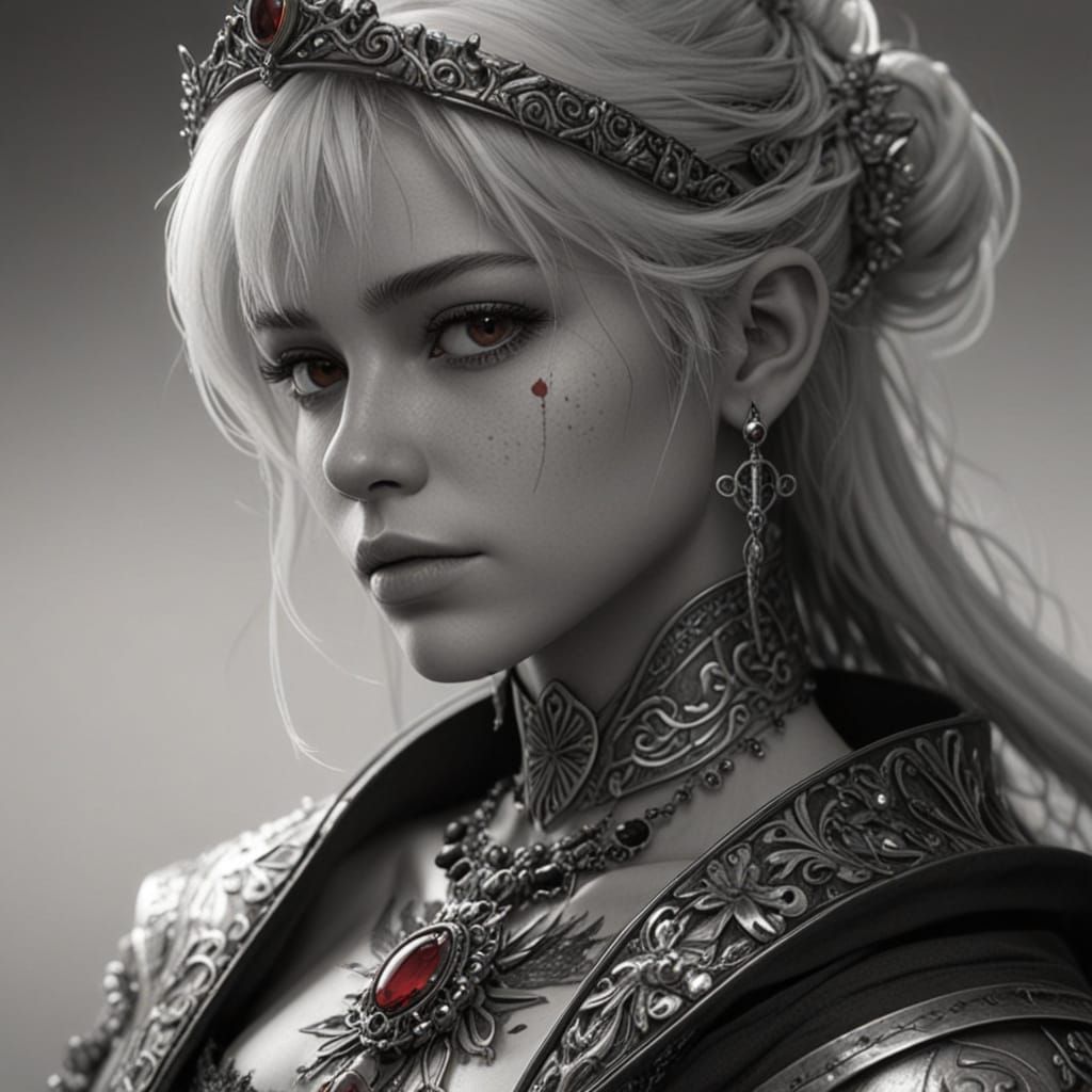 Monochromatic Medieval Portrait with Ruby Accents