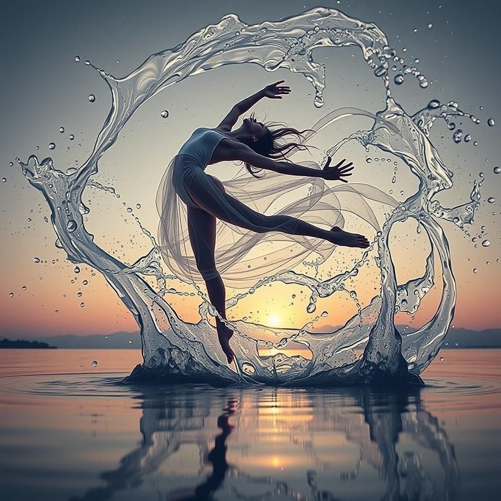 A woman dancing in rainbow colored water