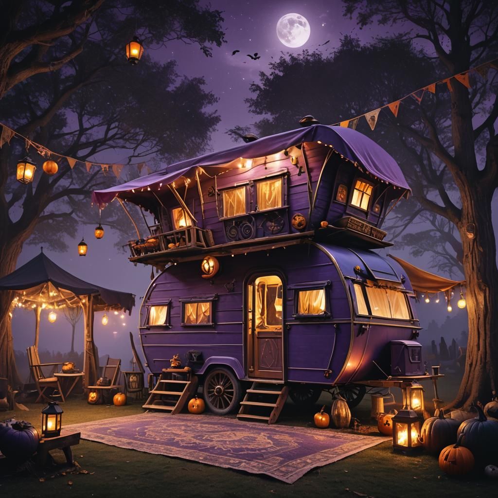 witch gipsy caravan in the forest - halloween