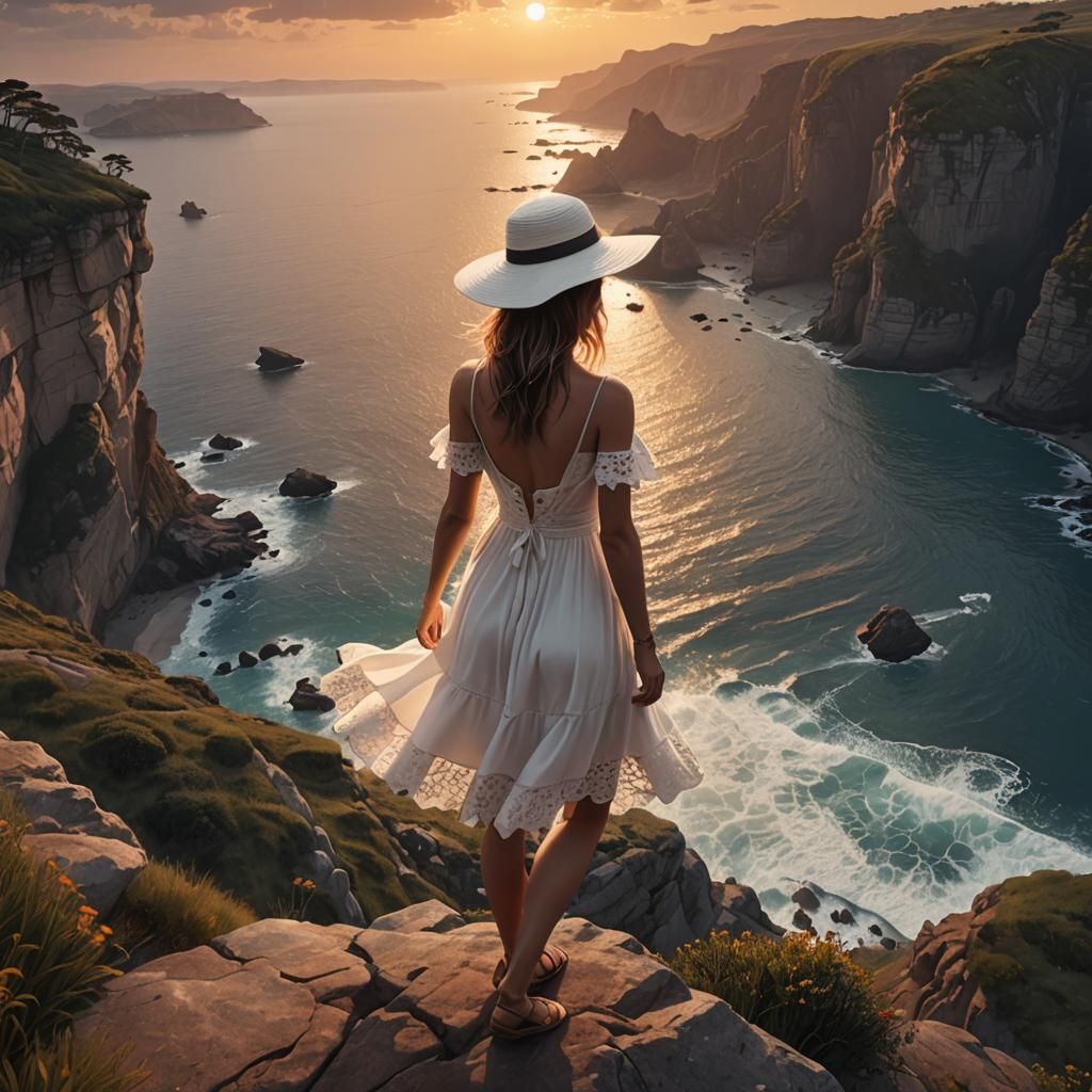 Girl on Cliff at Sunset: Fantasy Concept Art