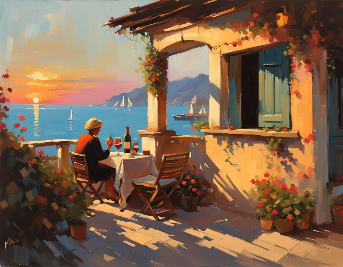 Craig Mullins gouache painting  small seaside bungalow in italy at sunset with one woman seated with wine