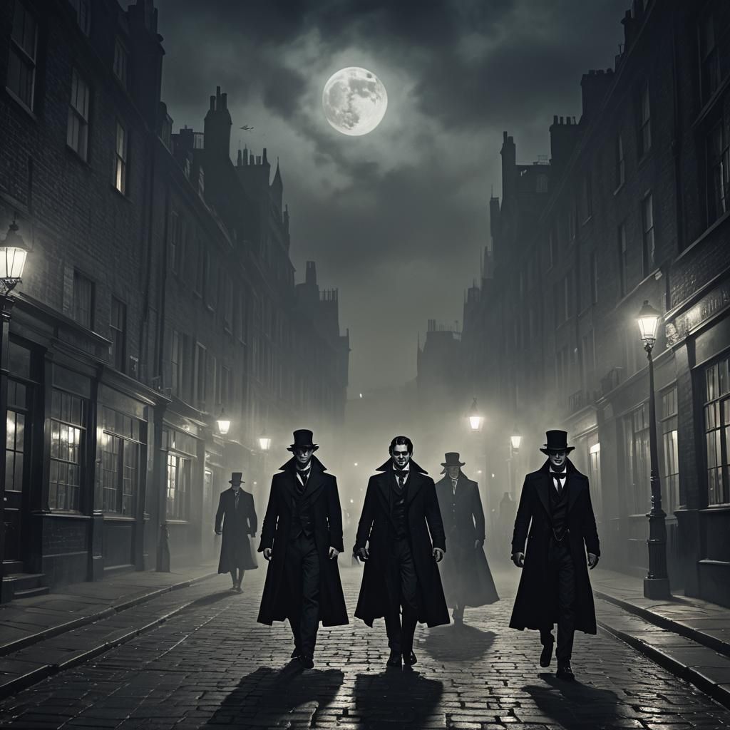 Elegant Vampires Haunt Foggy London Alleys: Film Noir