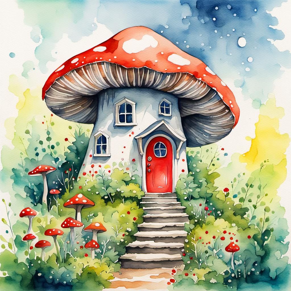 Whimsical Mushroom House in Watercolor Splatter Art