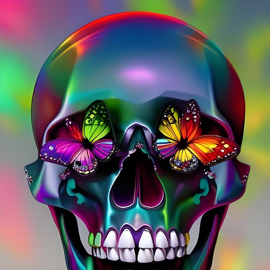 Rainbow Diamond Skull with Butterflies: Hyperrealistic Splas...