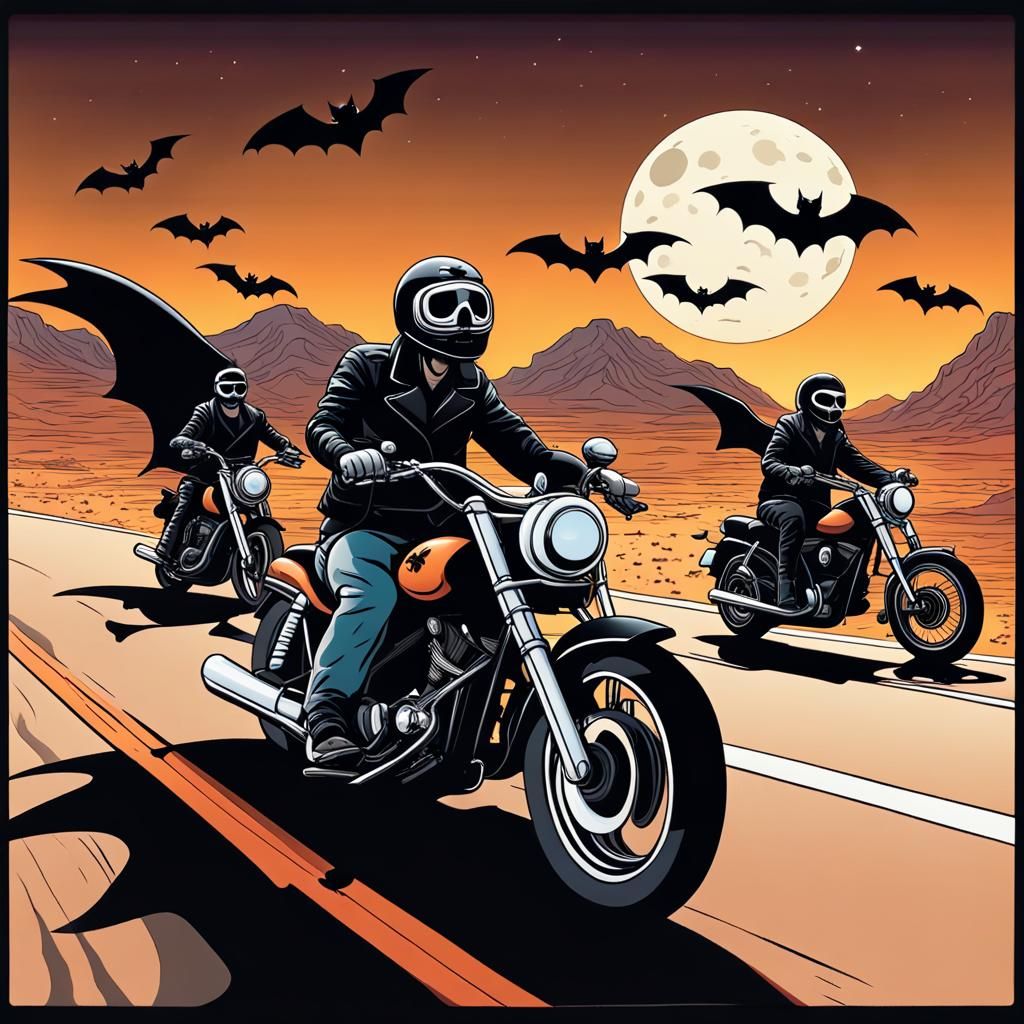 Motorbikers on Desert Highway at Night as Splash Art