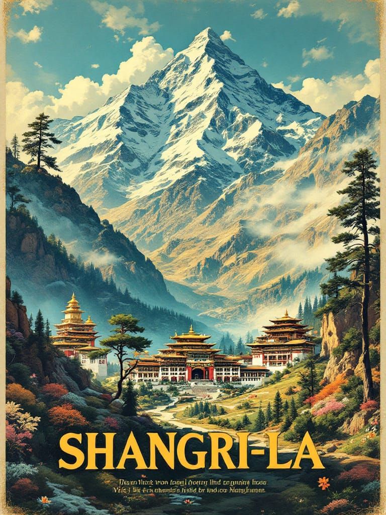 Vintage Travel Poster for Shangri-La, Fantasy Heaven in Tibe...