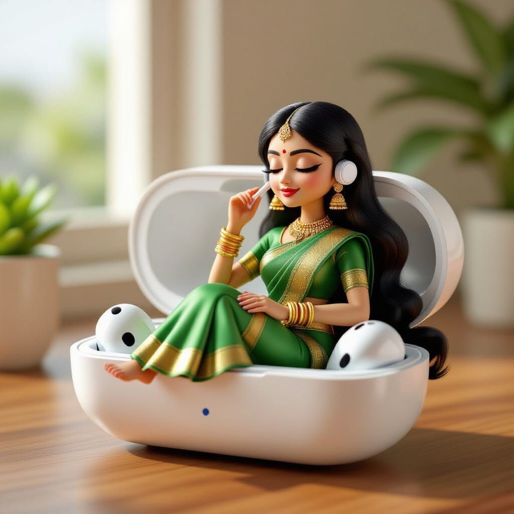 Miniature Indian Woman Lounging in Earbud Case