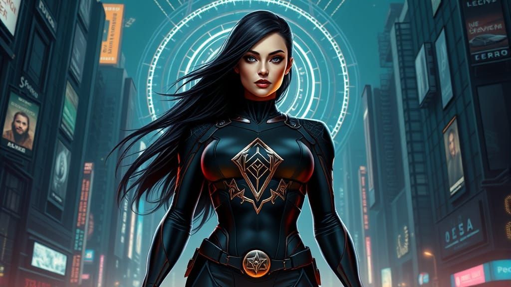 Confident Superheroine Dominates Futuristic Metropolis