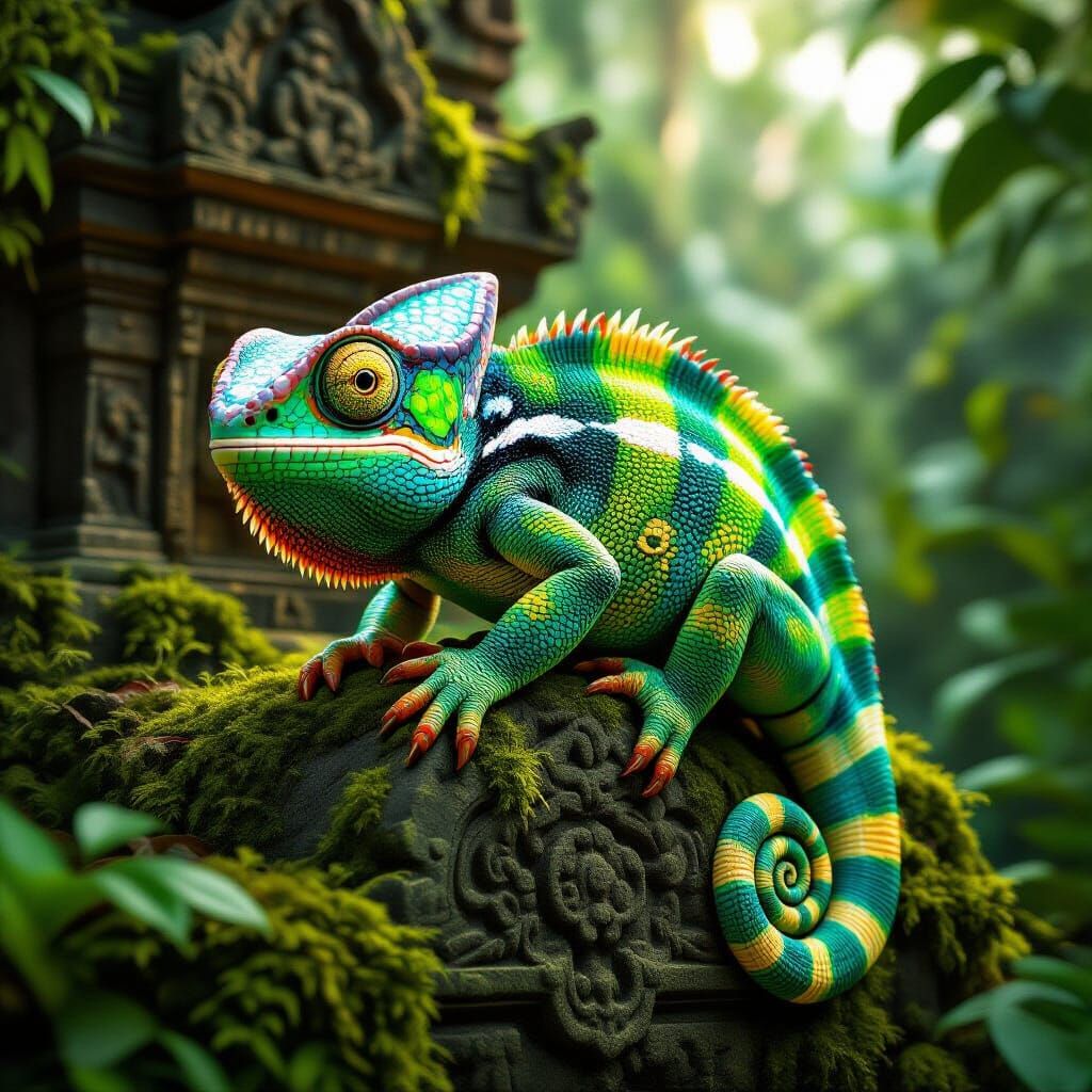 Glowing Chameleon on Ancient Temple in Fantasy Style