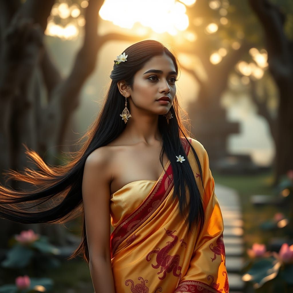 Sri Lankan Woman in Temple Garden at Dawn