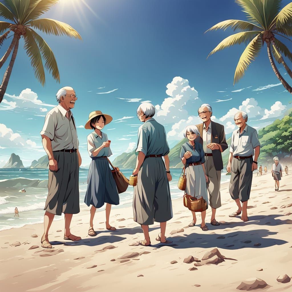 Joyful Seniors at Beach: Anime-Style Digital Art